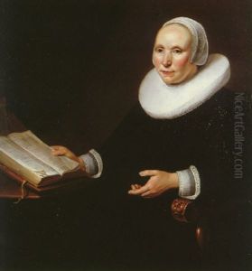 Portrait Of A Lady Wearing A Black Dress With A White Ruff, Cuffs And Cap Seated In A Chair, Turning The Pages Of A Book Which Is Resting On A Table by Jacob Gerritsz Cuyp