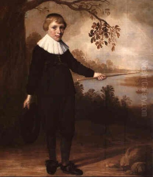 Portrait Of A Boy Holding His Hat In A River Landscape - view 1