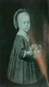 Portrait Of A Young Boy, Threequarter Length, Wearing A Greedress With Lace Collar And A Feathered Lace Cap, Holding A