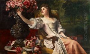 Portrat Einer Dame Mit Blumen Im Park by Wladislaw Czachorski