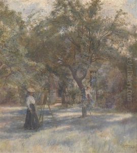 Malerin An Der Staffelei In Einem Bauerngarten by Emil Czech