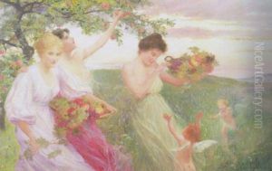 Allegorie Des Sommers. Junge Frauen, Umgeben Von Verspielten Putten, Stehen Unter Einem Apfelbaum Allegorie Des Sommers. Junge Frauen, Umgeben Von Verspielten Putten, Stehen Unter Einem Apfelbaum