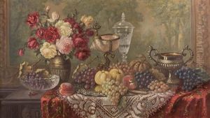 Groses Fruchte- Und Rosenstillleben Mit Nautiluspokal Und Weiteren Gefasen by Ernst Czernotzky