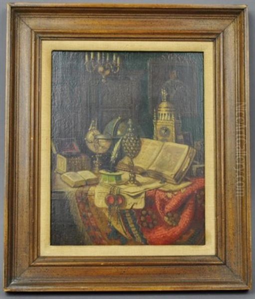 A Still Life With Nautilus, Clock, Feather, Pen And Other Objects - view 1