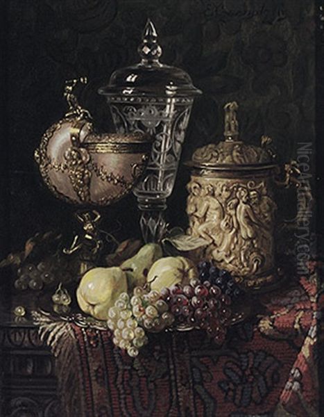 Stilleben Mit Gefasstem Vermeil-nautiluspokal, Elfenbeinhumpen Und Glasernem Deckelpokal, Fruchten Auf Teller Und Orientteppich - view 1