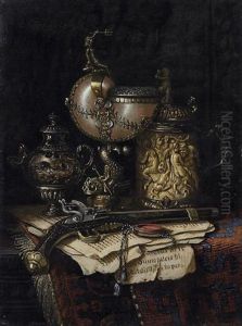 Stilleben Mit Einem Nautiluspokal, Einem Skulptierten Deckelhumpen Sowie Einem Revolver by Ernst Czernotzky