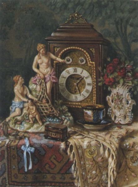 Ein Stilleben Mit Porzellanfigur Und Rosen In Vase - view 1