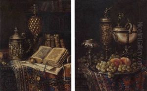 A Silver Tankard, A Wone Roemer, An Illuminated Manuscript, Some Books And Losse Coins On A Carved Sideboard, Draped With A Carpet