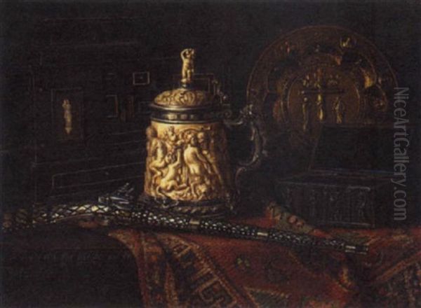 An Ivory Carved Tankard, A Flint-lock Musket, A Votive Casket, A Gold Platter And A Wood Cabinet, On A Ledge Draped With A Carpet - view 1