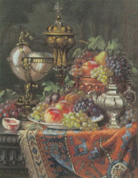 Prachtvolles Stilleben Mit Fruchten, Vergoldetem Deckelspokal, Nautiluspokal, Kanne, Teppich Und Truhe - view 1