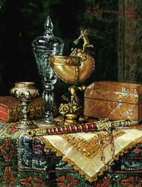 Nature Morte Med Glaspokal, Dolk Og Skrin Pa Et Bord - view 1
