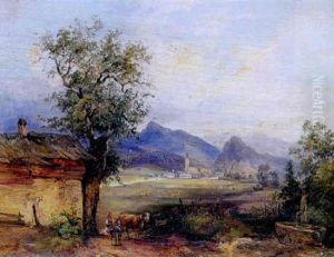 Parti Fra Ostrig Med Hyrdinde Og Kvaeg, I Baggrunden By Og Bjergrigt Landskab by Ludwig Czerny