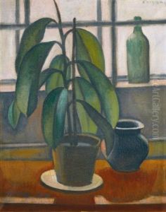 A Rubber Plant On A Window Ledge by Dezsoe Czigany