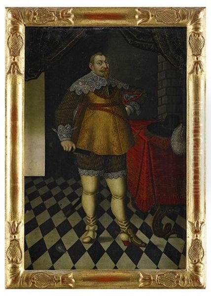 Portratt Av Kung Gustav Ii Adolf Ikladd Broderat Kyller Och Spetskrage Samt I Hogra Handen Kommendantstav - Staende Helfigur I Interior - view 1