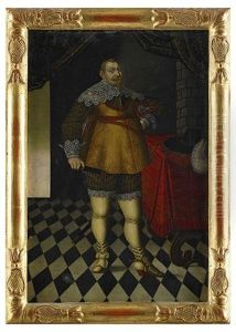 Portratt Av Kung Gustav Ii Adolf Ikladd Broderat Kyller Och Spetskrage Samt I Hogra Handen Kommendantstav - Staende Helfigur I Interior