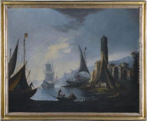 A Harbour Scene With Figures Disembarking Their Boats by Pietro Antoniani