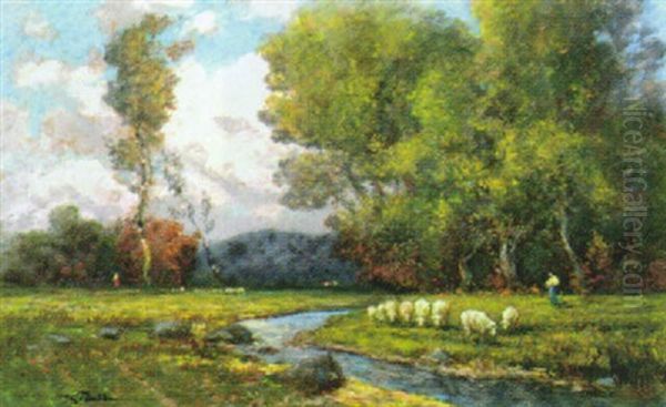Baumlandschaft Mit Gewasser, Schafherde Mit Hirtin - view 1