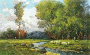 Baumlandschaft Mit Gewasser, Schafherde Mit Hirtin