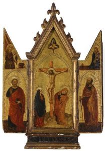 A Portable Triptych, With The Crucifixion, The Annunciation, Two Saints And The Pelican In Her Piety by Bernardo Daddi