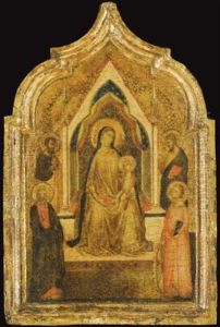 The Madonna And Child Enthroned With Saints (paul?), Bartholomew, An Evangelist (saint Matthew?) And Catherine Of Alexandria (left Shutter Of Diptych) by Bernardo Daddi