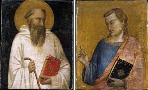 Saint Benedict Holding A Staff And A Book (+ A Young Apostle Holding A Book; Pair) by Bernardo Daddi