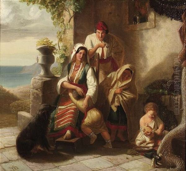 Suditalienische Bauernfamilie Am Hauseingang - view 1