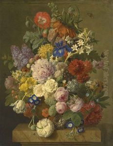 A Crown Imperial, Roses, Hyacinths, An Iris And Other Flowers In A Terracotta Vase With A Bird's Nest On A Plinth by Jan Frans Van Dael