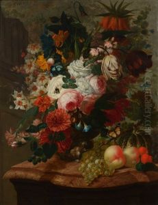 Vase De Fleurs, Peches, Raisins, Papillon Et Citrouille Sur Entablement De Marbre Moulure