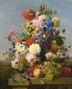 Vase De Fleurs, Et Peche Sur Un Entablement De Pierre, Sur Fond De Paysage