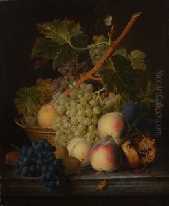Raisins, Corbeille De Fruits Et Grenade Ouverte Sur Un Entablement by Jan Frans Van Dael