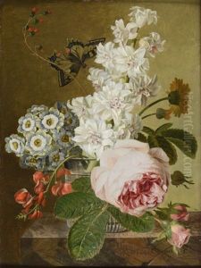 Bouquet Dans Un Verre De Primeveres, Roses, Pois De Senteur Et Papillon by Jan Frans Van Dael