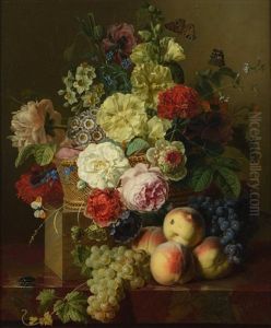 Corbeille De Fleurs, Raisins Et Peches Sur Un Entablement De Marbre