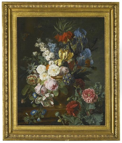 Still Life With Fritillaria Imperialis, Roses And Tulips In A Stone Vase, On A Red Marble Ledge - view 1