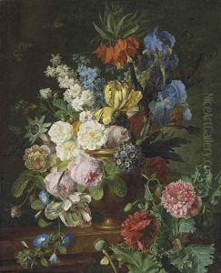 Fritillaria Imperialis, Roses, Tulips, Morning Glory, An Anemone, Auriculas, Irises And A Passion Flower In A Stone Vase On A Ledge Of Red Marble, With Poppies And Butterflies by Jan Frans Van Dael