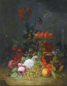 Still Life Of Roses And Other Flowers, With Plums In A Tall Basket, Grapes, Apricots And Gooseberries All Upon A White Marble Ledge, Two Butterflies Fluttering by Jan Frans Van Dael