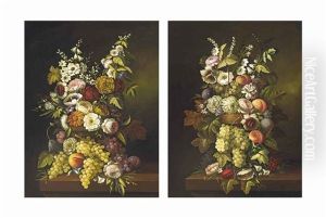 Roses, Daisies And Other Blooms In A Wicker Basket, With Grapes And Peaches On A Ledge (2 Works) by Jan Frans Van Dael