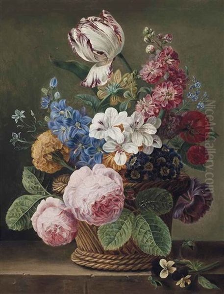A Parrot Tulip, Roses, Morning Glory And Other Flowers In A Wicker Basket On A Ledge - view 1