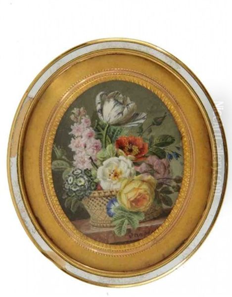 Bouquet De Fleurs Printanieres (rare Tulipe A Veines Bleues, Delphinium, Primeveres, Pavot, Roses, Liserons) Dans Une Corbeille Sur Un Entablement De Marbre - view 1