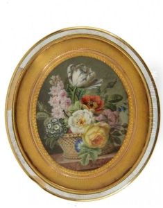 Bouquet De Fleurs Printanieres (rare Tulipe A Veines Bleues, Delphinium, Primeveres, Pavot, Roses, Liserons) Dans Une Corbeille Sur Un Entablement De Marbre by Jan Frans Van Dael
