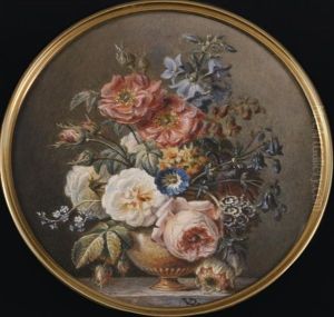 Vase De Marbre, Roses Blanches Et Roses Auriculae, Mina Lobata, Narcisses, Pivoines, Sur Un Entablement De Marbre Veine Gris by Jan Frans Van Dael