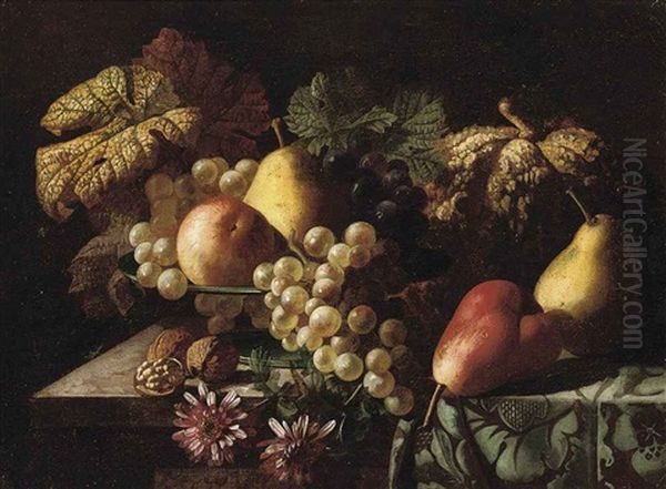Pears, A Pumpkin, Grapes, An Apple, Walnuts And Daisies On A Partly-draped Table - view 1