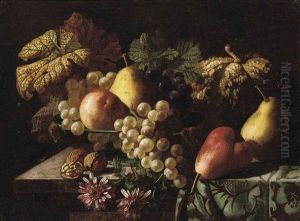 Pears, A Pumpkin, Grapes, An Apple, Walnuts And Daisies On A Partly-draped Table by Jan Frans Van Dael