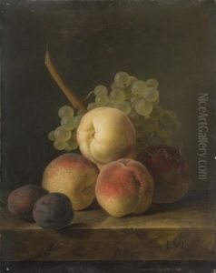 Nature Morte Aux Peches, Prunes Et Grappe De Raisin Blanc Sur Un Entablement De Marbre