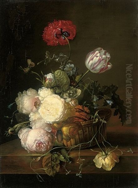 Tulips, Roses, Peonies, Jasmin, Convulvulus, Poppies And Other Summer Blooms In A Basket - view 1