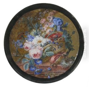 Bouquet De Fleurs, De Guingois Dans Un Panier, Sur Un Entablement Decore D'une Grenade Et D'un Nid D'oiseau. by Jan Frans Van Dael