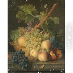 Still Life With Grapes And Peaches In A Basket, An Open Pomegranate, Plums, Black Grapes And More Peaches On The Marble Ledge Beneath by Jan Frans Van Dael
