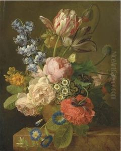 Bouquet De Roses, Jacinthes, Narcisses, Auriculas, Jonquilles, Tulipes Et Pavots Dans Un Vase Sur Un Entablement by Jan Frans Van Dael