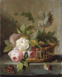Roses And Morning Glory In A Basket On A Stone Ledge, With A Ladybird, A Snail, A Red Admiral Butterfly And A Dragon Fly