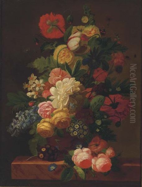Roses, Poppies, Tulips, Hyacinth And Other Flowers In A Vase On A Stone Ledge - view 1