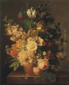 Roses, Tulipes, Liseron, Dahlias Et Autres Fleurs Dans Un Pot En Terre Sur Un Entablement En Marbre